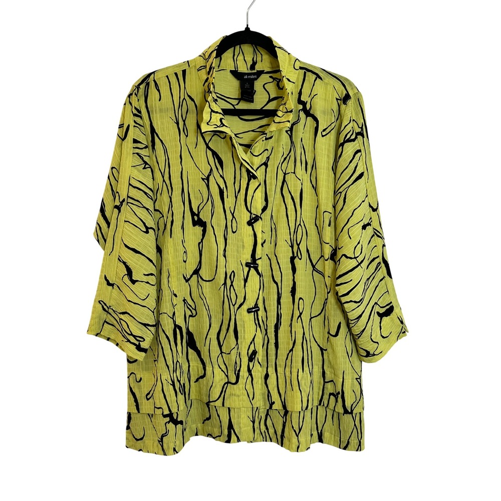 Ali Miles Textured Tunic Top Size L Chartreuse Green Black Abstract Print Artsy